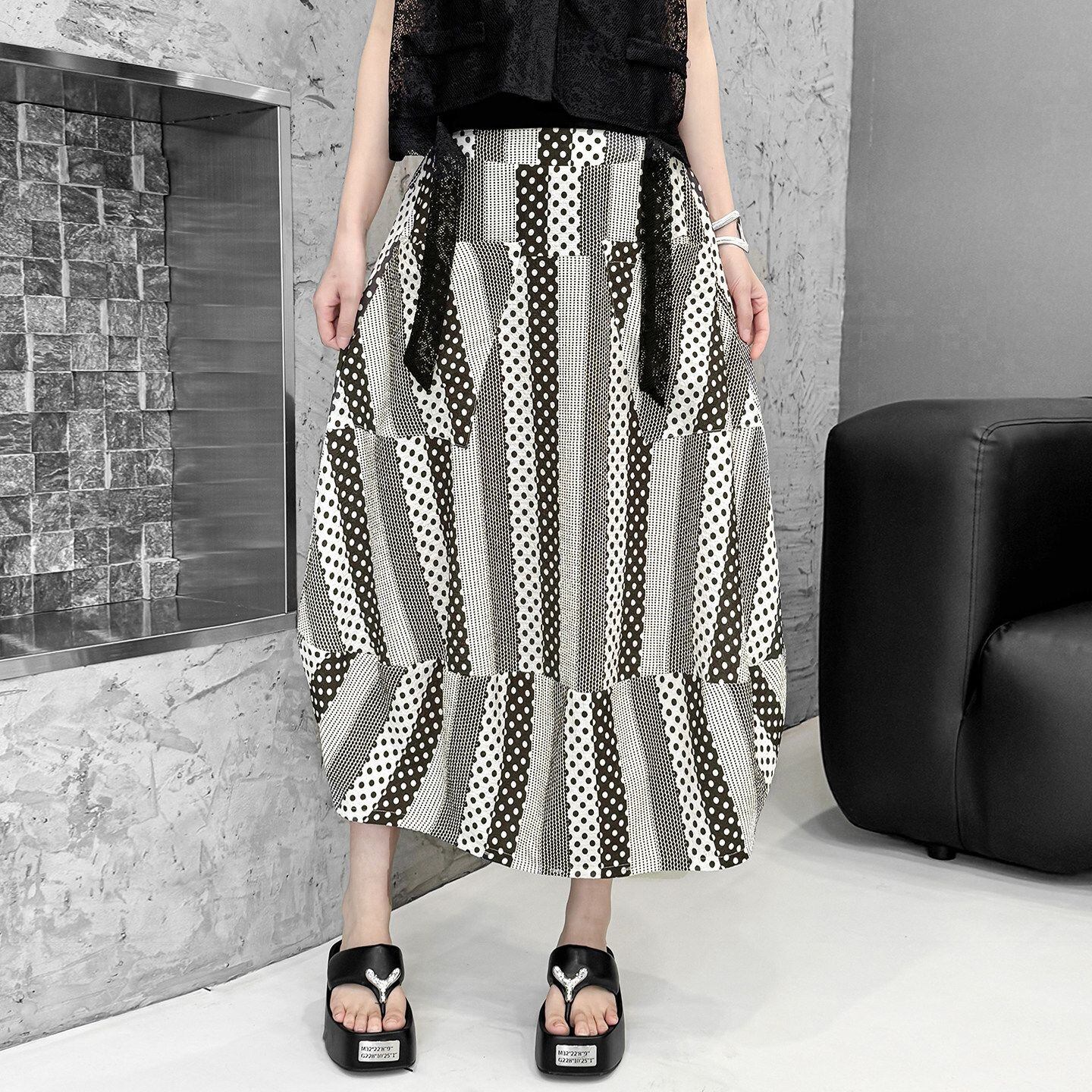 POLKA DOT STRIPED ELASTIC WAIST MIDI SKIRT M-17203