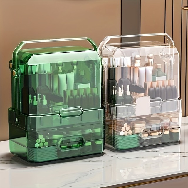 メイク ボックス クリア おしゃれ かわいい コスメ 収納 化粧品 メイク ケース 透明 大容量 持ち運び 美容 メイク道具 小物入れ グリーン