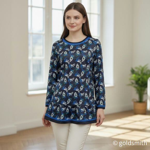 スーパービューティー チュニック カットソー ストレッチ 花柄 長袖 フラワープリント 体型カバー エレガント2522004 上品 ブラック 2025年秋冬 オーラボー Super Beauty レディース