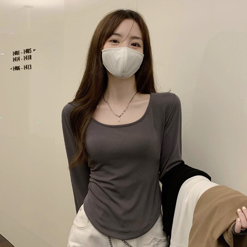 グレーTシャツ シャツ スプリングオータム薄手ショートトップス ロング 春物 秋物 スーパーモール67964772899