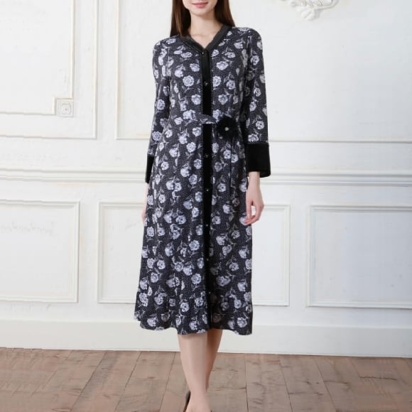 スーパービューティー ロングブラウス ベロア切替 花柄 ワンピース 2525001 ブラック 2025年秋冬 オーラボー 大人かわいい服 大人スタイル キレイメ Super Beauty レディース アパレル 女性 M L LL 30代 40代 50代 60代