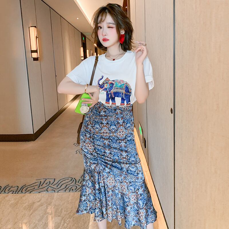 ハイウェストウェストスリムギャザープリントスカート サマースタイル 夏物 ステッチ MIUCO14215039470