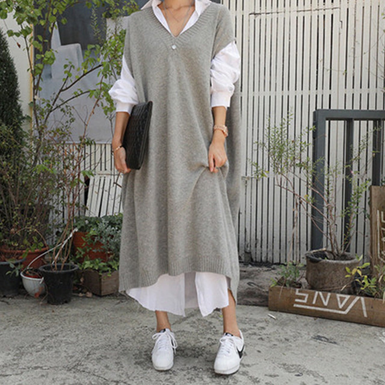 ニットベスト ロング丈 ニットワンピース ルーズ ゆったり レイヤードコーデ Hahimi Shop