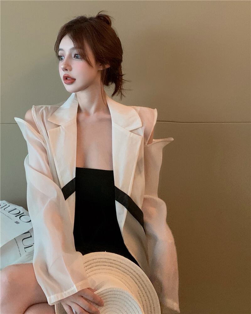 メッシュジャケット サマー薄手スタイルトップス ロング 夏物 オフショルダー ブラックストロベリース85356988196