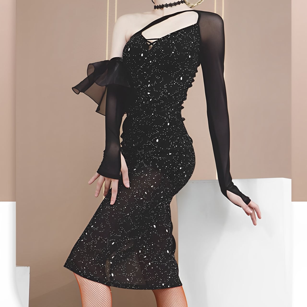 スパンコール ワンショルダー スリット フレアスリーブ ロング丈 ドレス ds0162