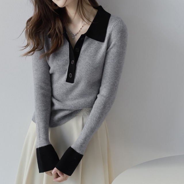 Polo collar elegant flare sleeve slim knit ( 4color )