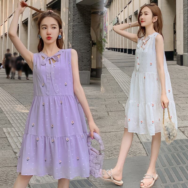 【新作】【送料無料】 マタニティウェア2020夏の新しいシフォン刺繍ノースリーブドレス小さな新鮮なミドル丈ドレス妊婦-アリババ レッド サマー 夏物 expec240373428341