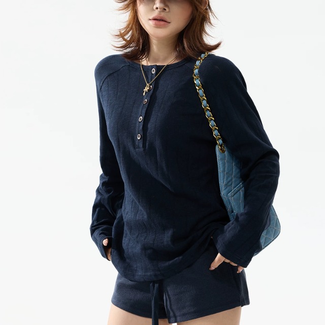 henry neck random-line long tee　ヘンリーネックランダムラインロングティー　J2157