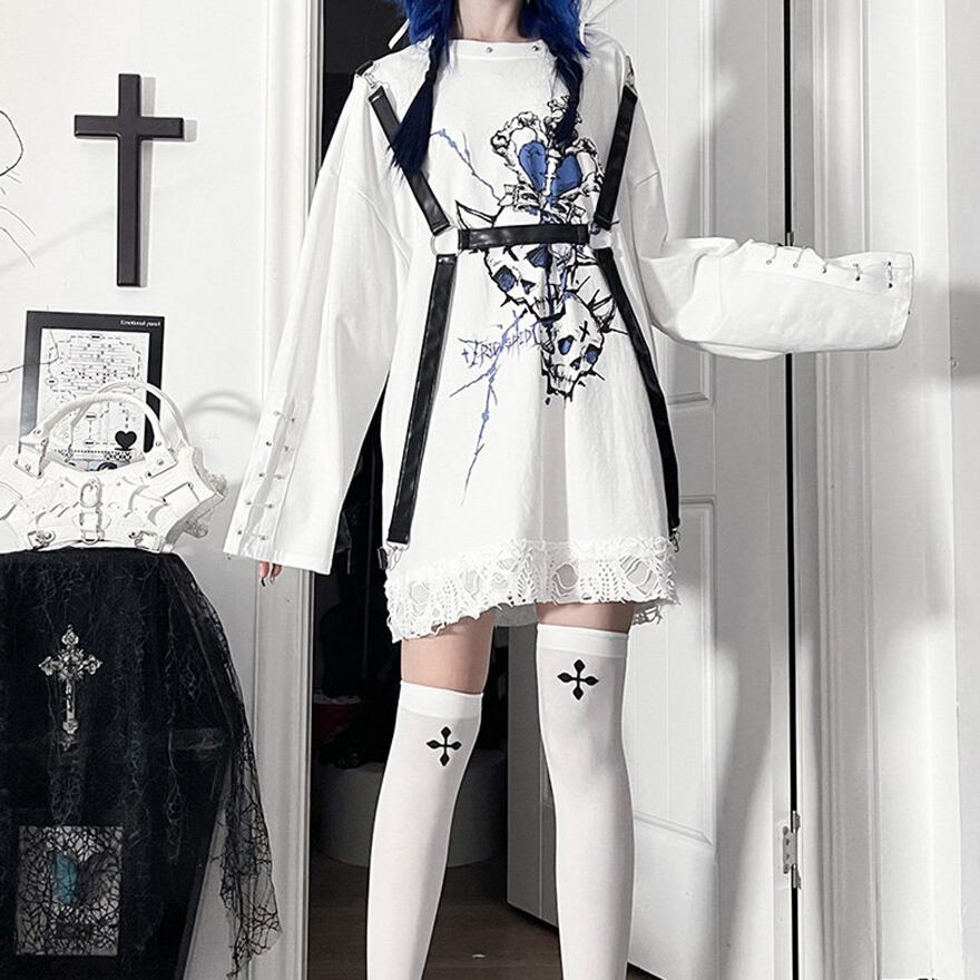 パンク 推し活 ライブ 長袖 Tシャツ スカル プリント Y2Kファッション