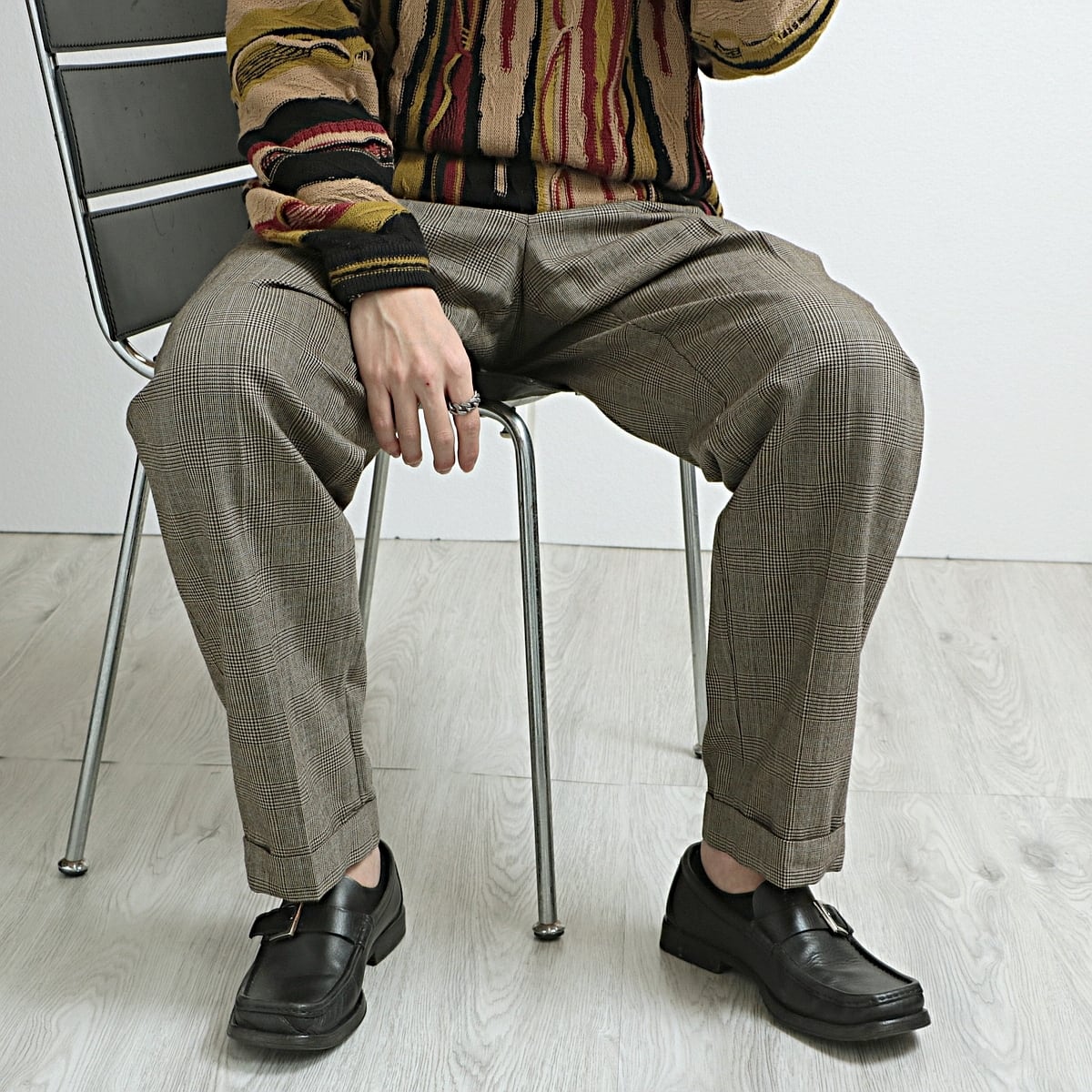 90s TOMMY HILFIGER トミーヒルフィガー グレンチェック 千鳥柄 2タック ウールパンツ 古着 used