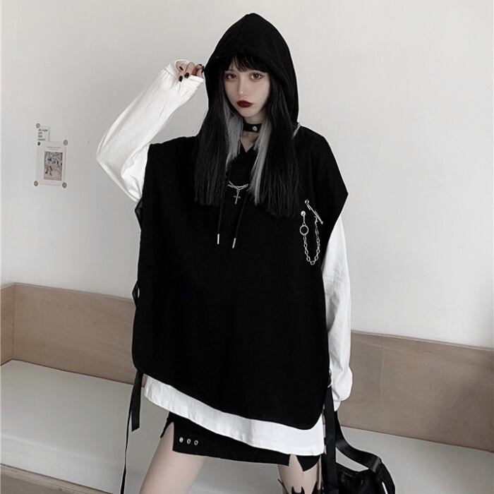 レッドカジュアルトップス スプリングスタンダードダークルーズフードTシャツ ロング レトロ 春物 ケッペル26670883749