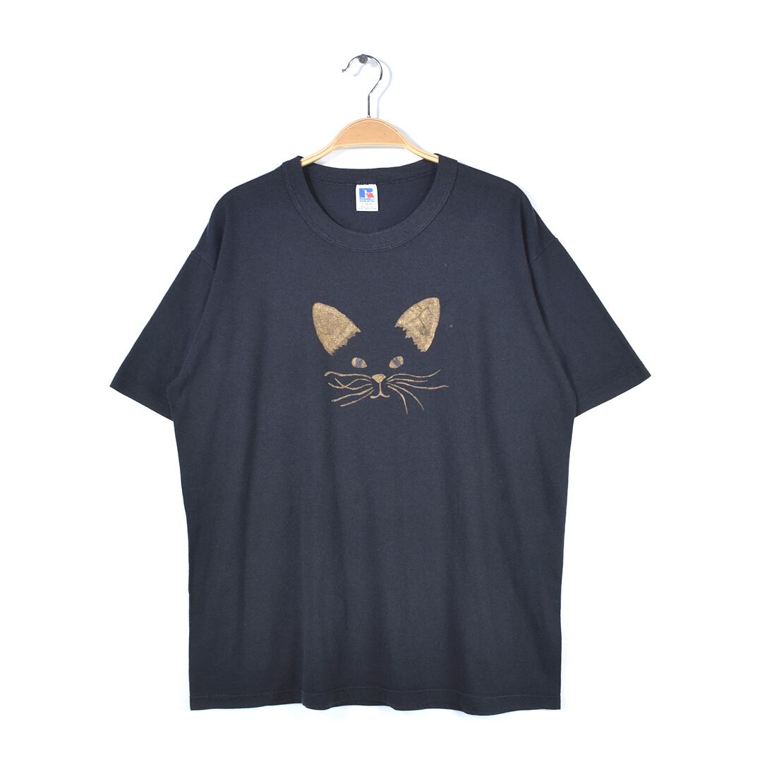 90s ラッセル USA製 ヴィンテージTシャツ ネコ アニマルプリント ブラック 袖シングルステッチ RUSSELL メンズL 古着 @BZ0391