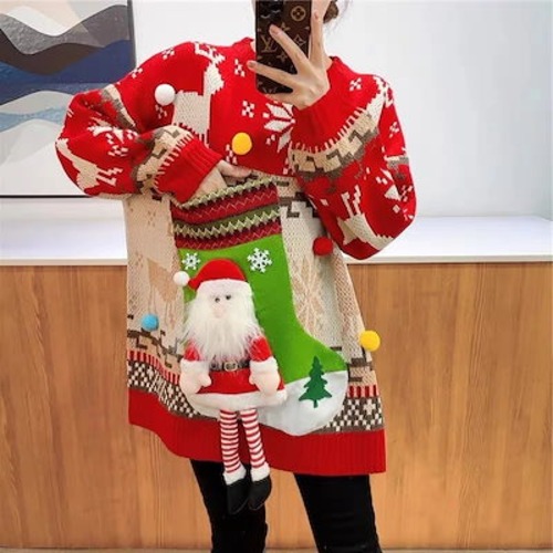 2024韓国の人気 秋冬クリスマス パーカー セーター アウター サンタクロース靴下ポケット新型鹿ニット服 クリスマスコスチューム ファッション 百に乗る かわいい 防寒 レディースニット