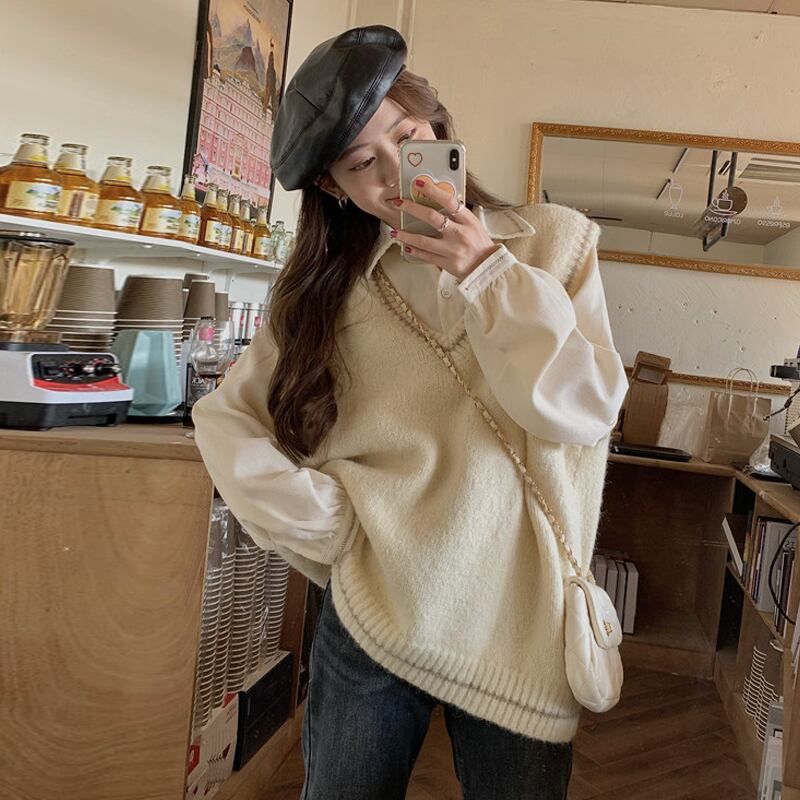 Vネックニットスプリングオータムルーズノースリーブ 春物 秋物 試着室9272121043