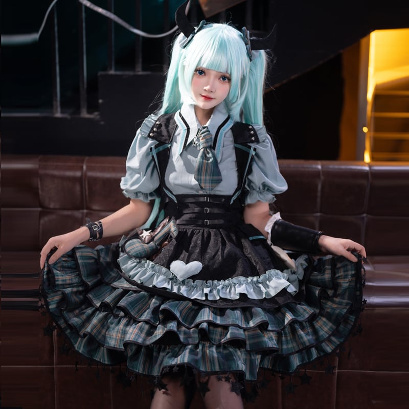 ゴスロリ セットアップ チェック柄×星屑装飾 アイドル風 サイバー