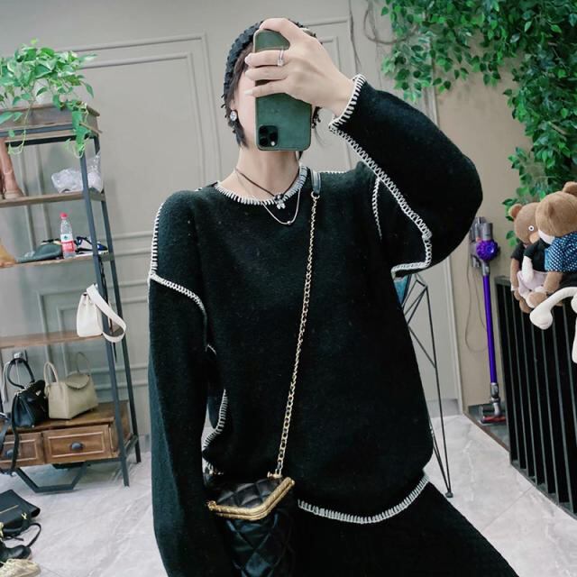 【予約販売】ニット レディース 秋冬 トップス ワンサイズ 長袖 ゆったり バイカラー ステッチ 配色 ルーズ シンプル 無地 ボリューム ラウンドネック ビックシルエット ブラック/ブラウン/ホワイト/グレー