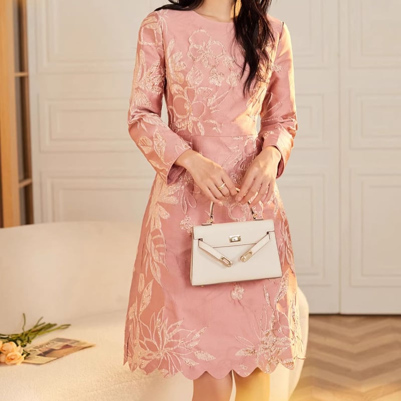 花柄刺繍スカラップドレス D0101