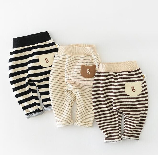 [73-110cm] くまデザイン ボーダーパンツ