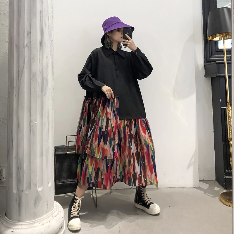 X長袖ワンピースレディース春秋ワンピース2020新大サイズファットmmルーズメッシュステッチプリントポロスカート ラブタオタオダレンハウス86187368709