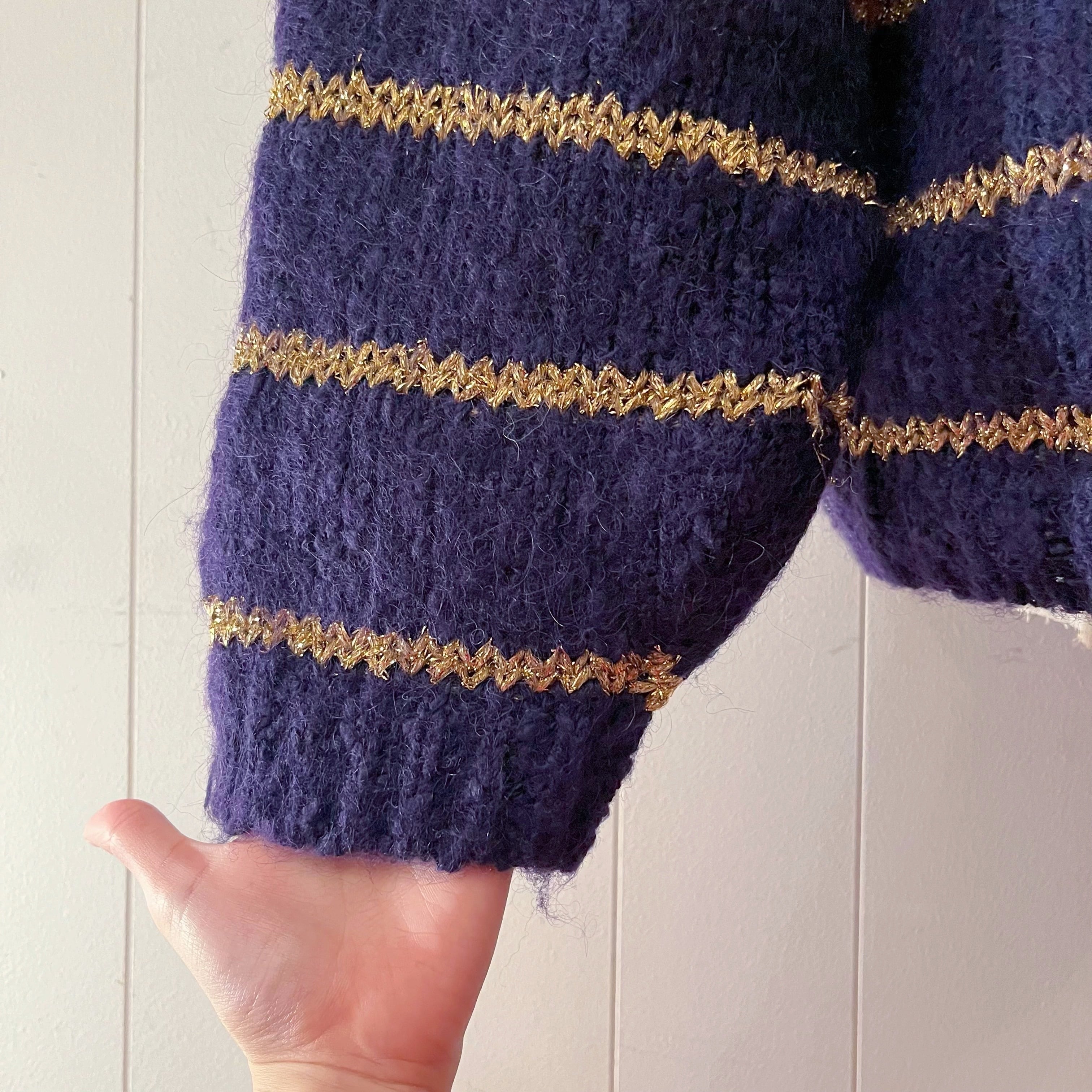 purple lame gold high necked sweater