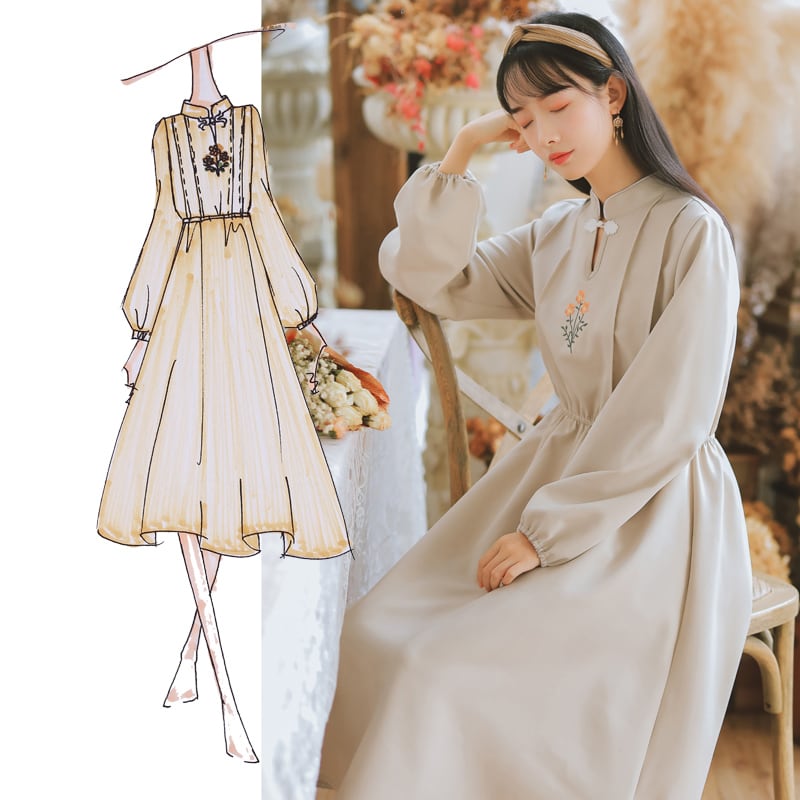 チャイナ風ワンピース 唐装 漢服 可愛い レトロ スタンドネック 長袖 S M L ゆったり 刺繍入り Elegant
