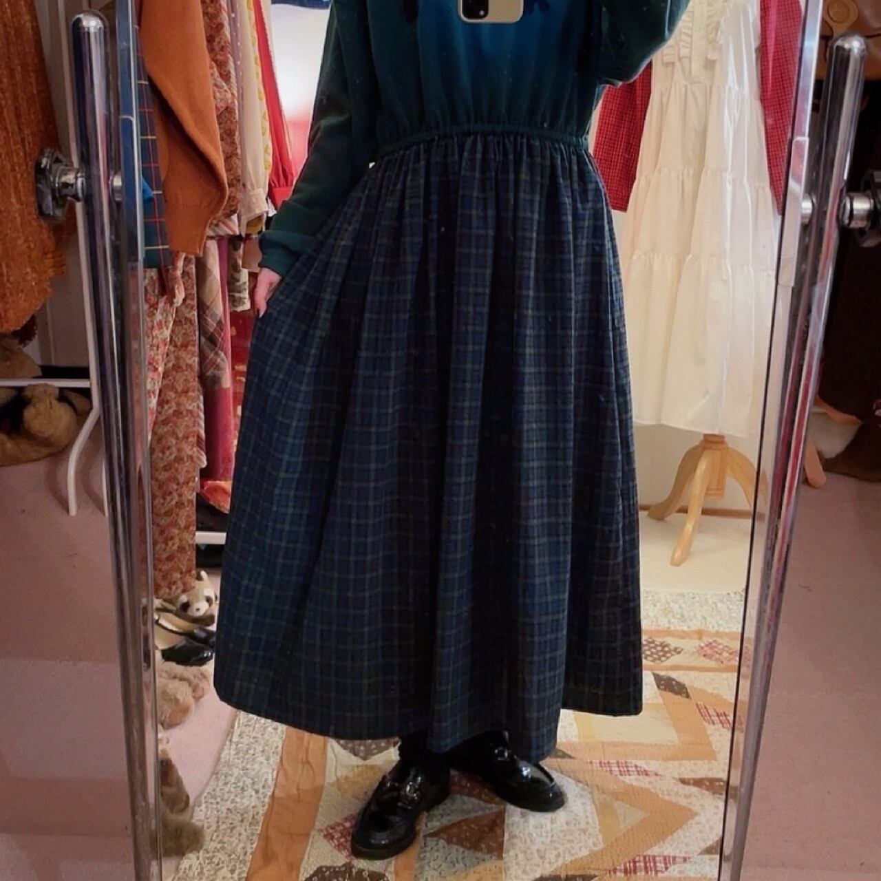 remake / cat walking night green check one-piece