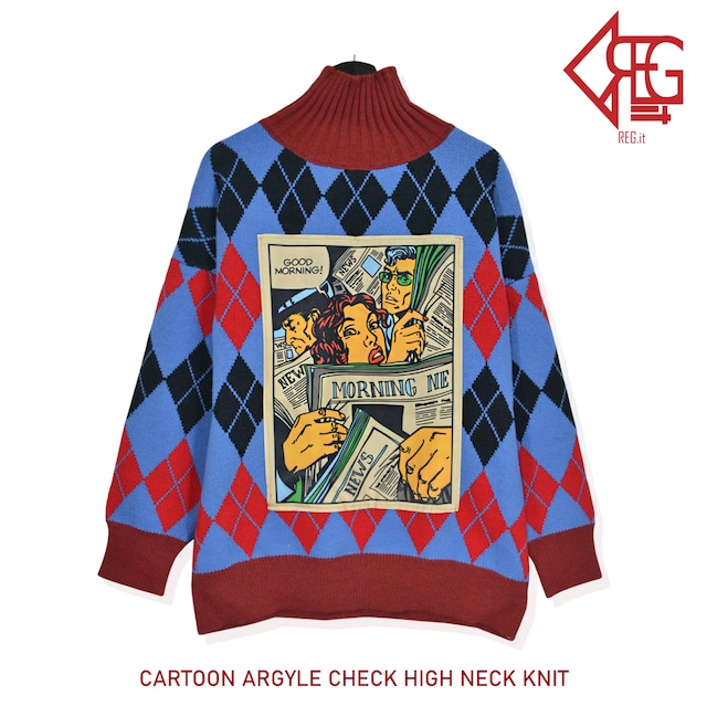 【REGIT】【即納】CARTOON ARGYLE CHECK HIGH NECK KNIT F/W 韓国ファッション アーガイル柄 ニット セーター ハイネックニット ユニーク おしゃれ かわいい