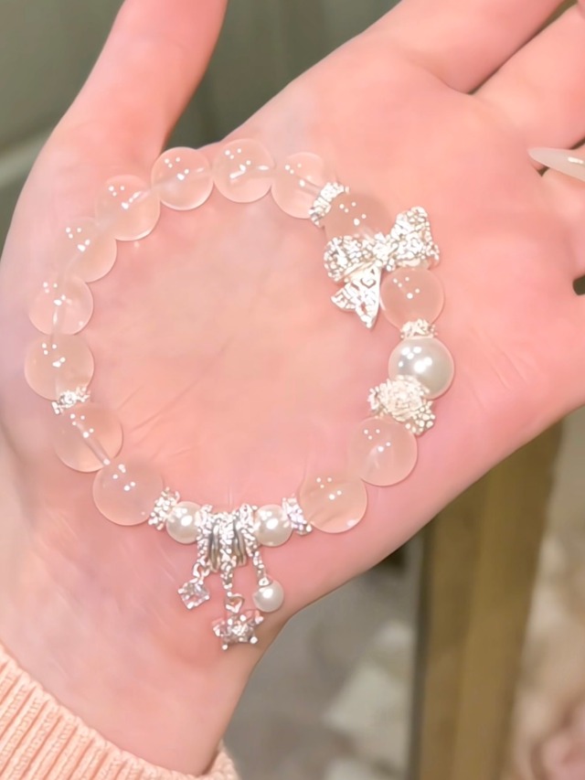 淡雪ピンクの恋結び・ローズクォーツと星リボンの愛されブレスレット♥A22