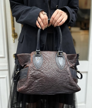 FENDI / vintage brown leather lame  hand bag.