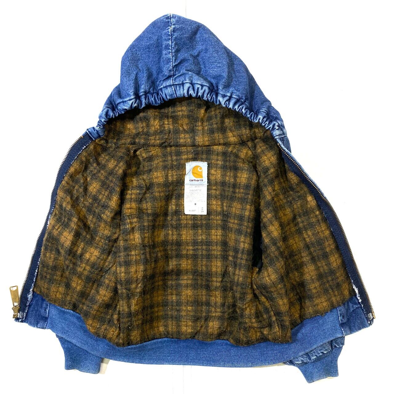 カーハート　ヴィンテージデニムフードジャケット　キッズ キッズ 古着 80s Carhartt 裏地 チェック柄 ブランケット デニム