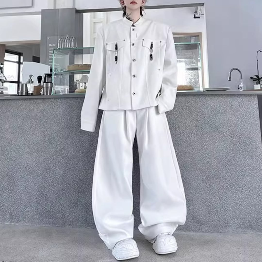 スタンドカラーバックル装飾ジャケット&カジュアルパンツセットアップ 2カラー D11921