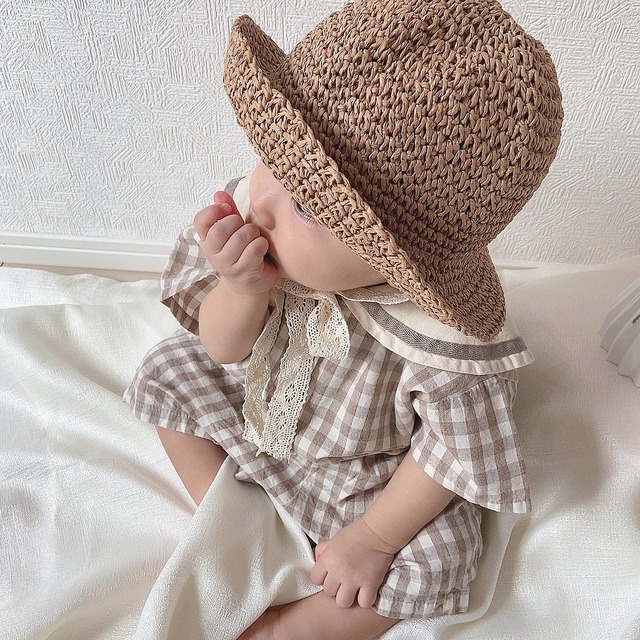 lace straw hat 〝khaki〟｜ストローハット 帽子 レース ベビー キッズ 夏