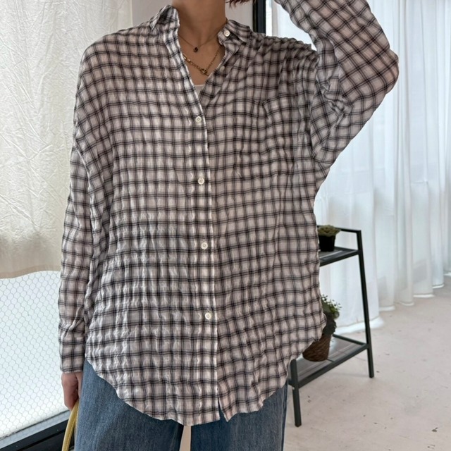 【 cafune; 】shirring check relax shirt