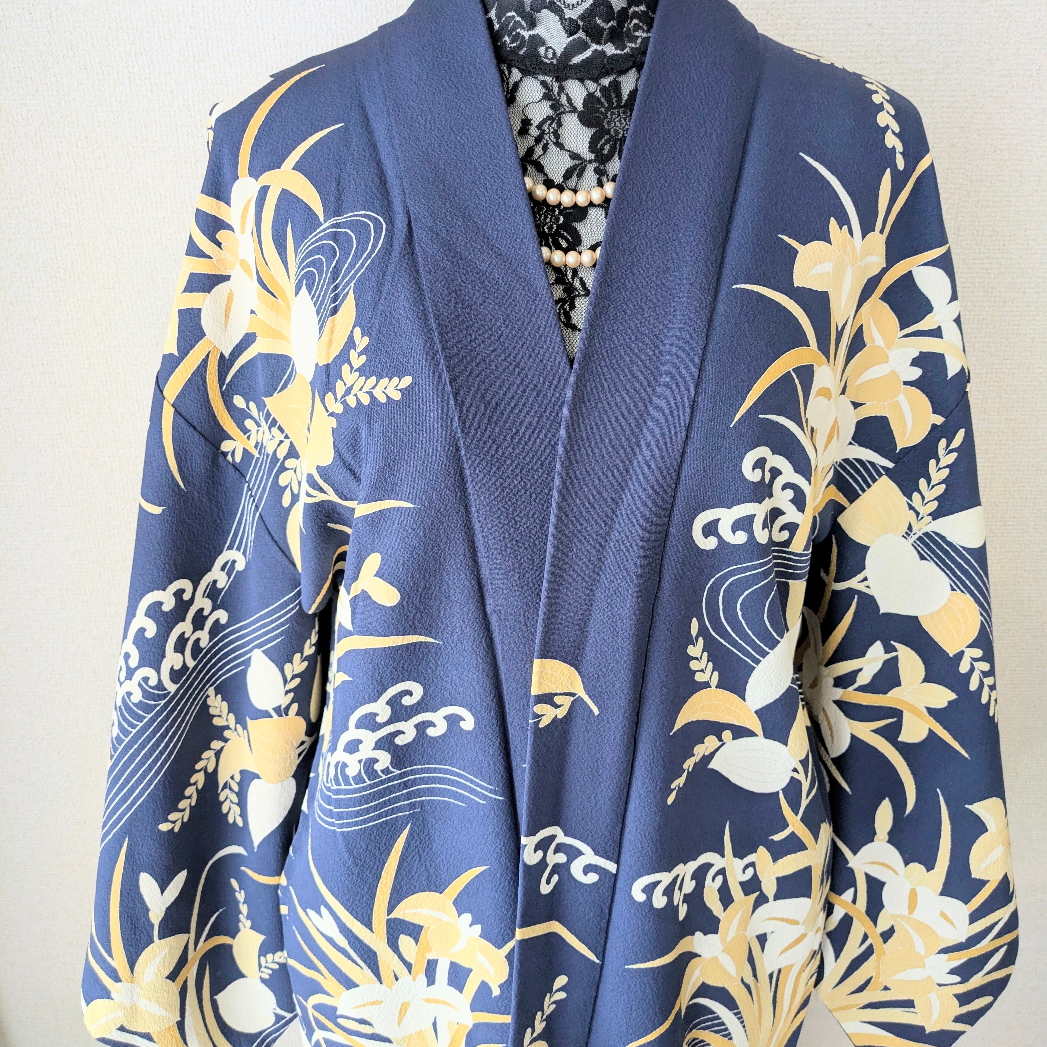 Vintage】HAORI 羽織 正絹 濃紺 杜若 カキツバタ 流水 大正浪漫 古布