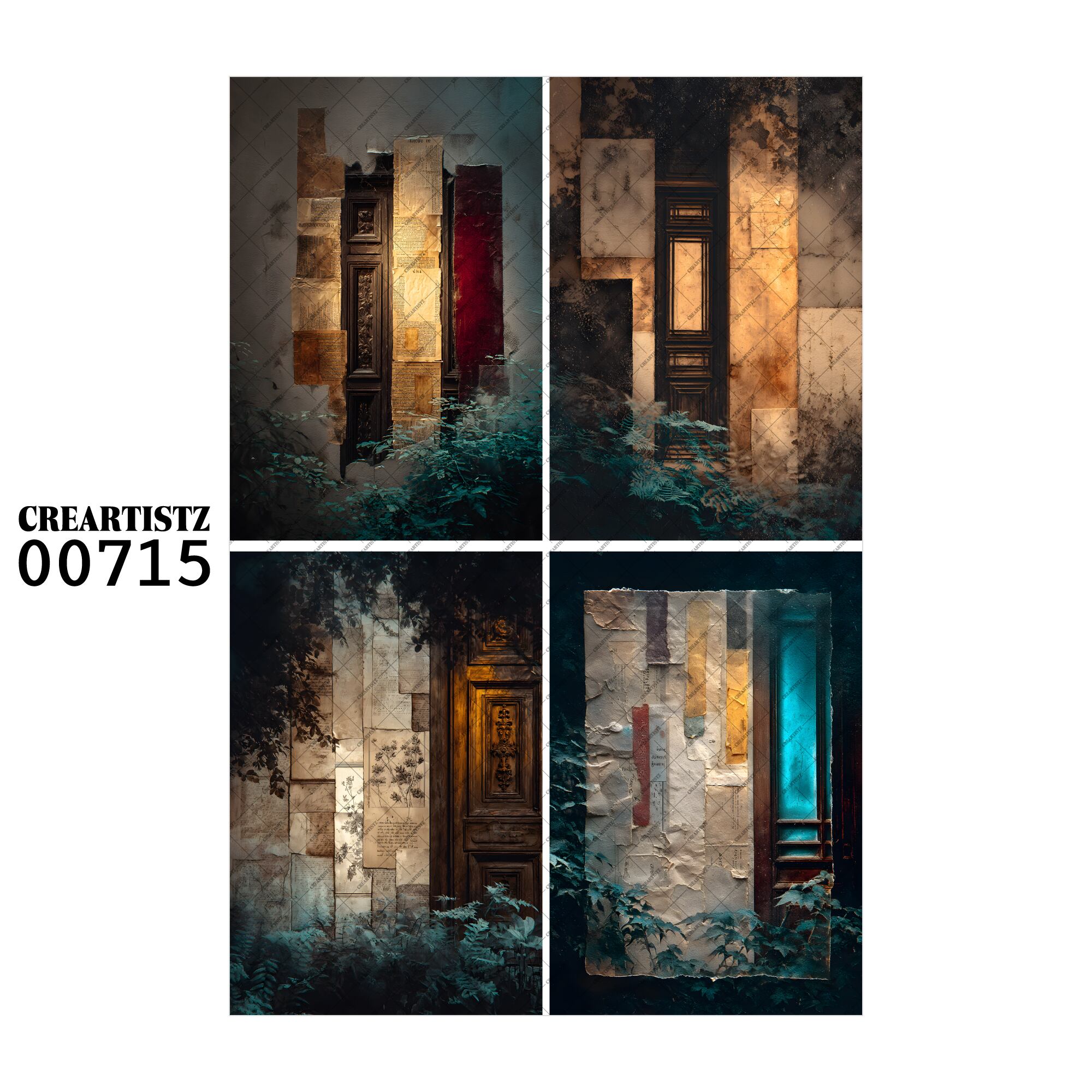 00715 背景 コラージュ素材 オリジナル 12枚セット (4種類×3枚) ペーパー/ステッカー CREARTISTZ
