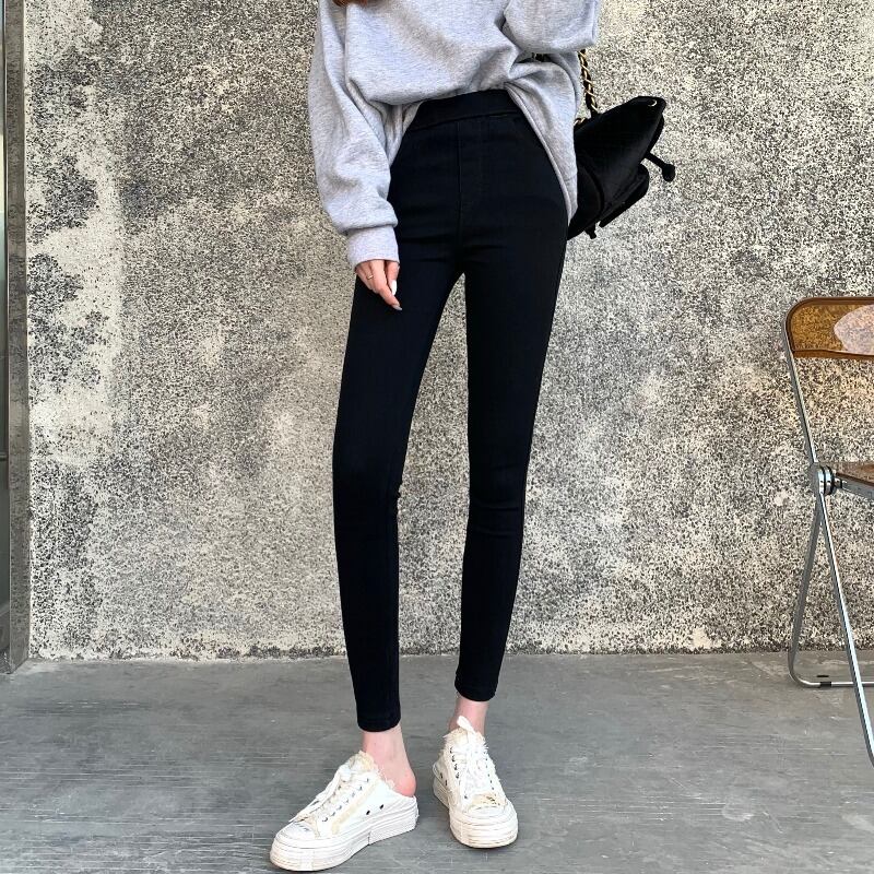 レギンス ベルベットブラックパンツ ハイウェストウェスト ウィンター 冬物 ブラックストロベリース82644055141