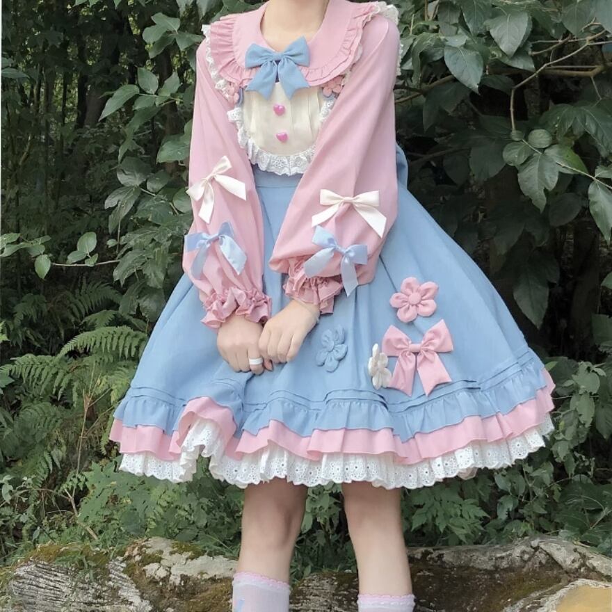 リボン付ロリータ風ジャンパースカート＆半袖ブラウス♡お出かけコーデに ゴスロリ通販 With U スイートロリータ セットアップ ブラウス