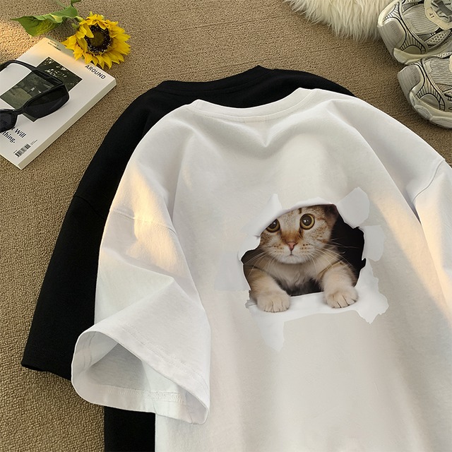 【KADISHOUシリーズ】★Tシャツ★ 5color トップス 半袖 猫 ねこ ネコ 猫柄 男女兼用 メンズ 大きいサイズ コットン