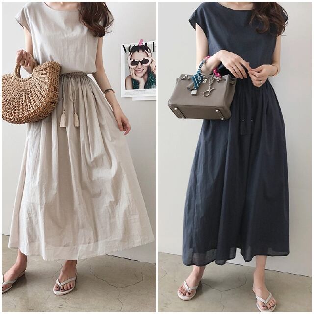 【予約販売】ワンピース レディース ロングワンピース 半袖 ウエストマーク ブラック/ベージュ 体型カバー ワンピ 大人可愛い シンプル エレガント おしゃれ こなれ感 韓国 春 夏 トレンド フリー