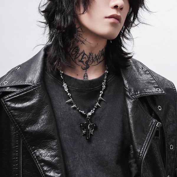 クロスペンタグラムリベットチェーンネックレス(ruf_02309)