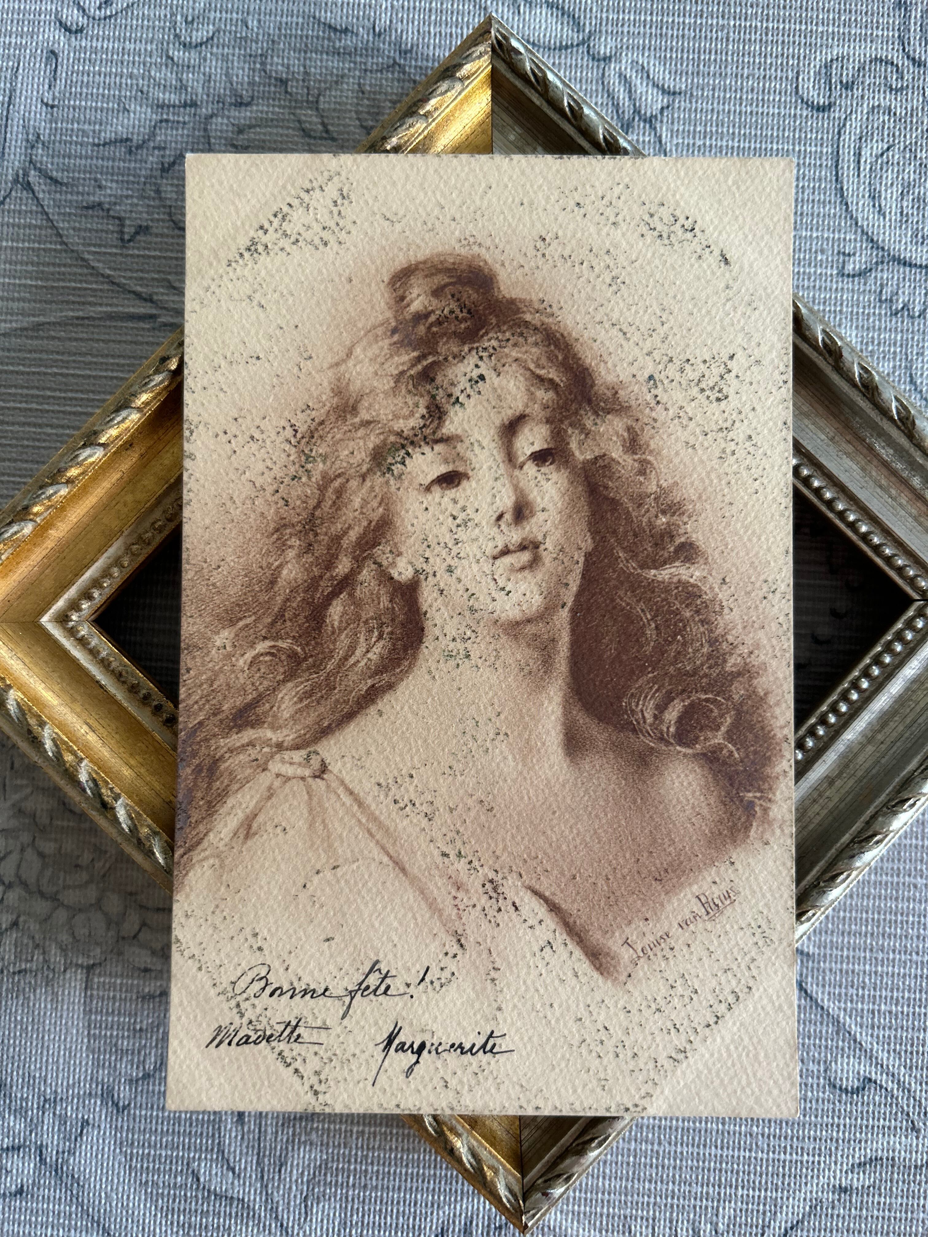 フランスアンティークカード マダムの肖像画 セピアカラー 人物 コラージュ 額装 インテリア