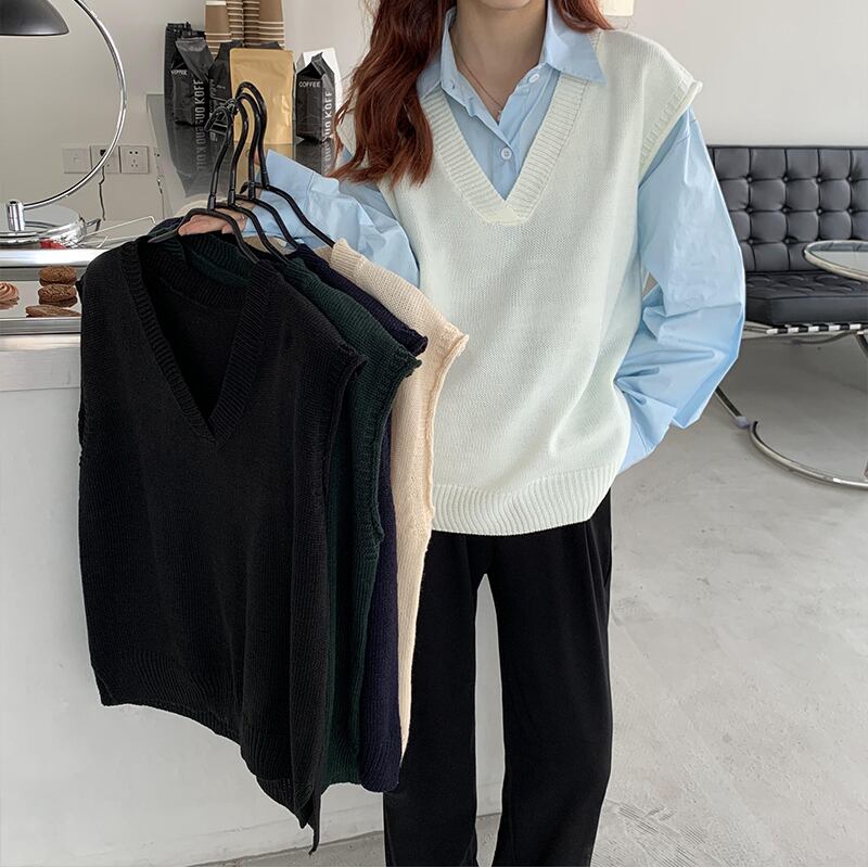 クレセントシティ秋のVネックニットチョッキルーズセーターベストショートノースリーブベストジャケットの女性 クレセントシティ90154629450