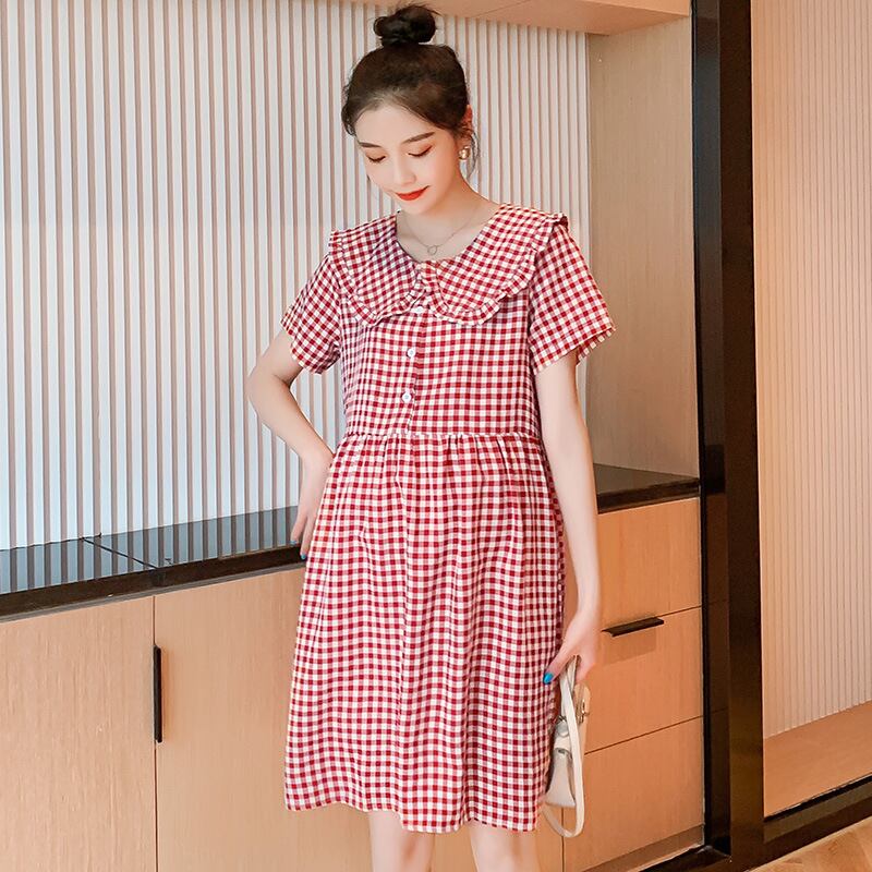 【新作】【送料無料】 マタニティウェア2020夏の新しい綿とリネンの格子縞の人形の襟のドレス、流行の母親のミドル丈と年齢を減らすマタニティドレス-アリババ コットン サマー 夏物 expec255905316388