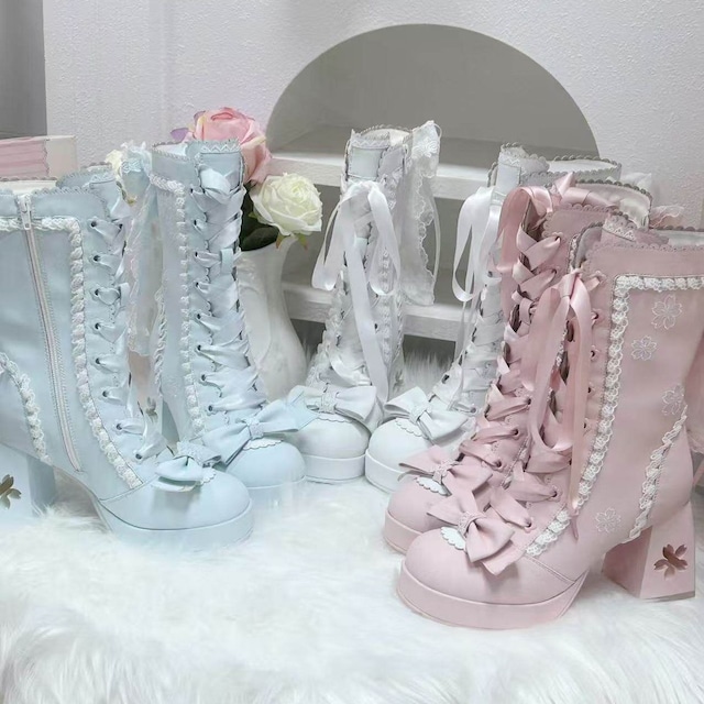 サテンリボン編み上げレースパステルブーツ