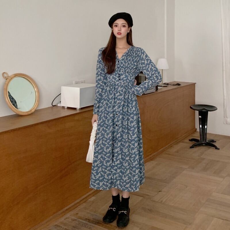 スプリングオータムウェストドレス Vネックフローラルスカート レディース ロング エレガント 春物 秋物 花柄 YY-ファッション51035597371