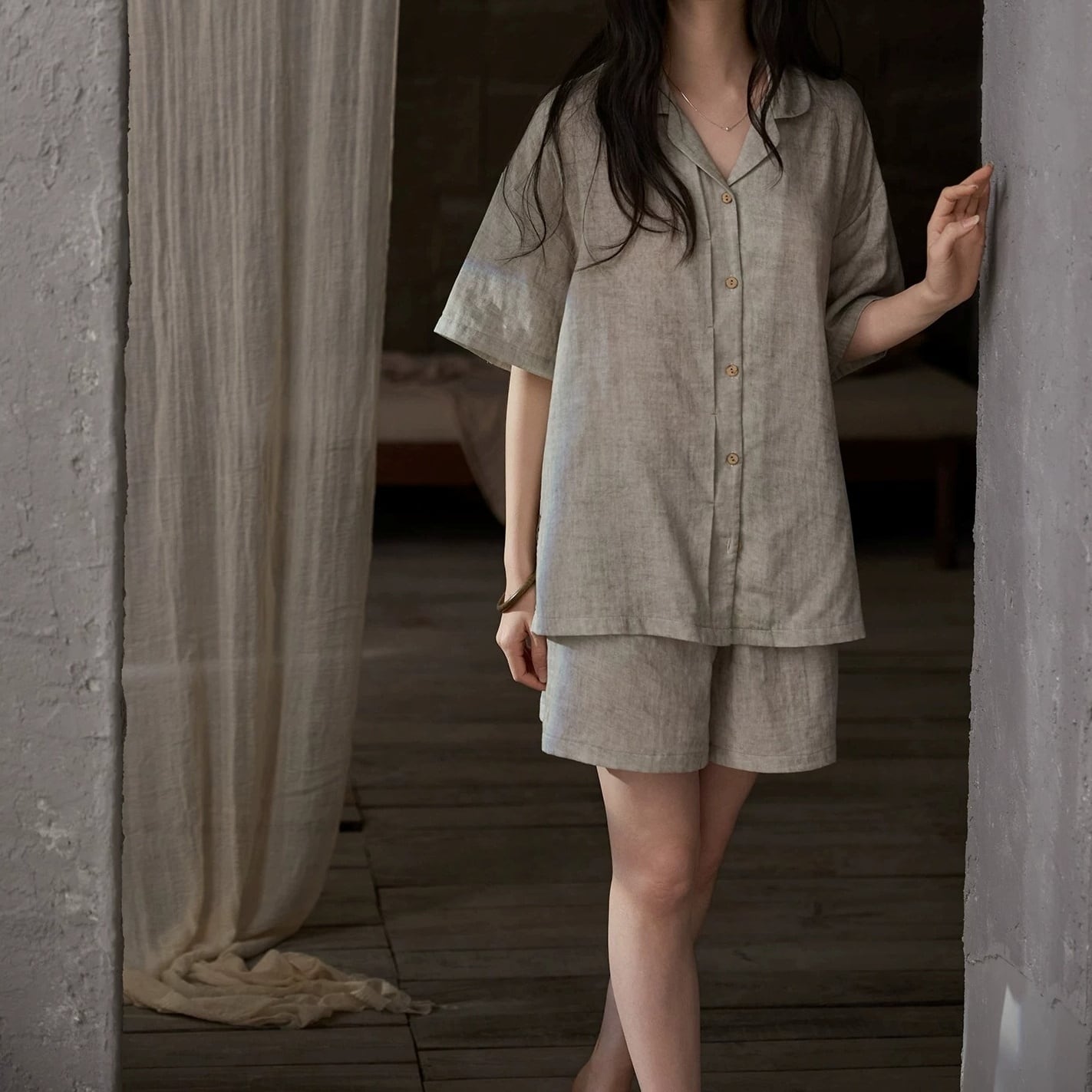 【2Style】【M-XL】simple design cardigan style summer pajamas p1702