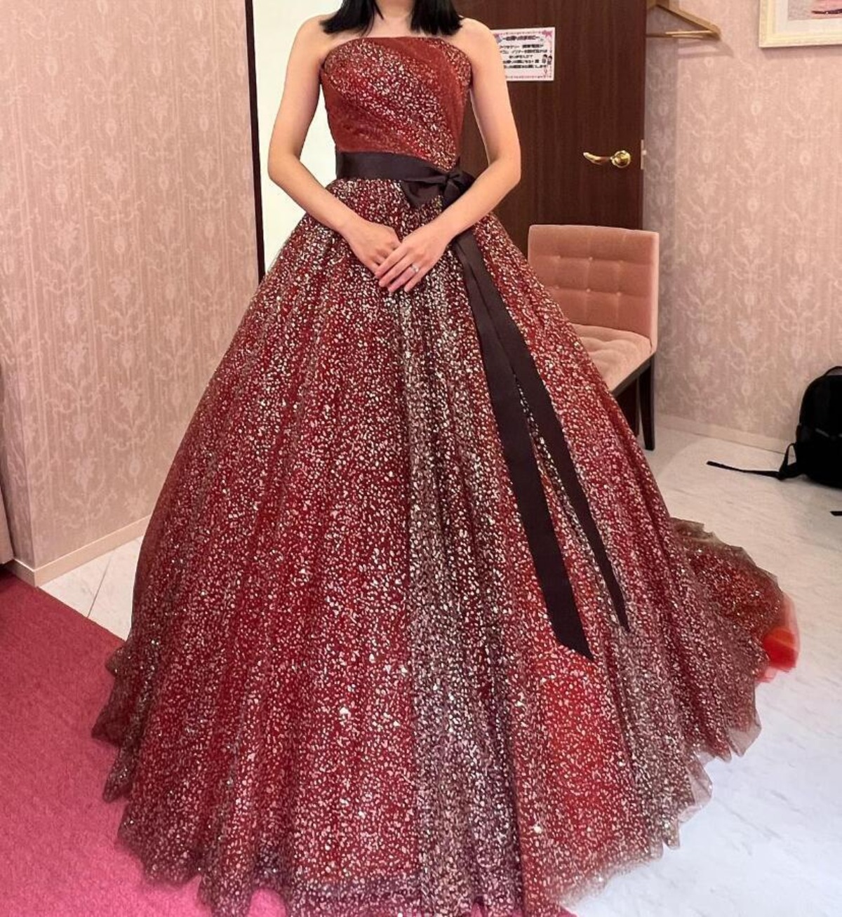 カラードレス ワインレッド キラキラチュール サッシュベルト ベア  