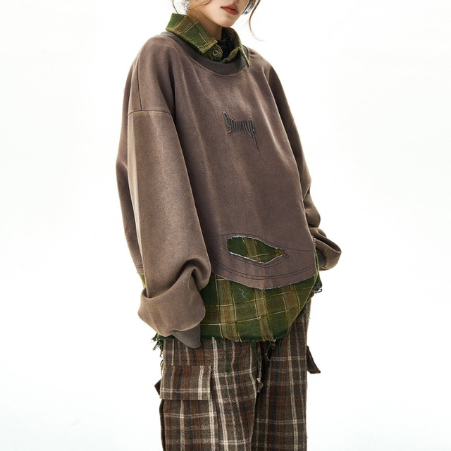 checked faux two-piece sweatshirt　チェック柄フェイクツーピーススウェットシャツ　J1280