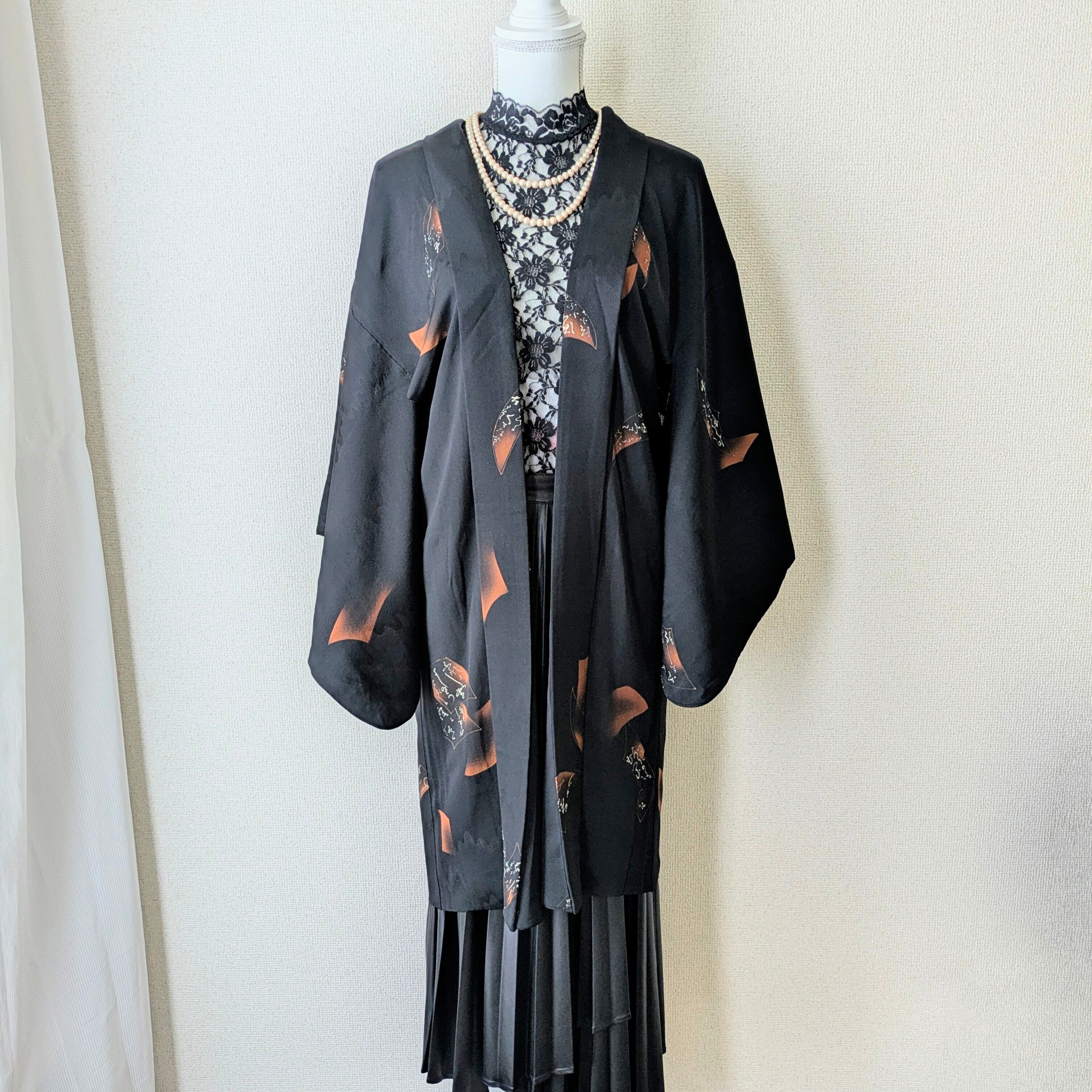 Vintage】HAORI 羽織 正絹 黒 百人一首柄 大正浪漫 古布 時代布 和洋