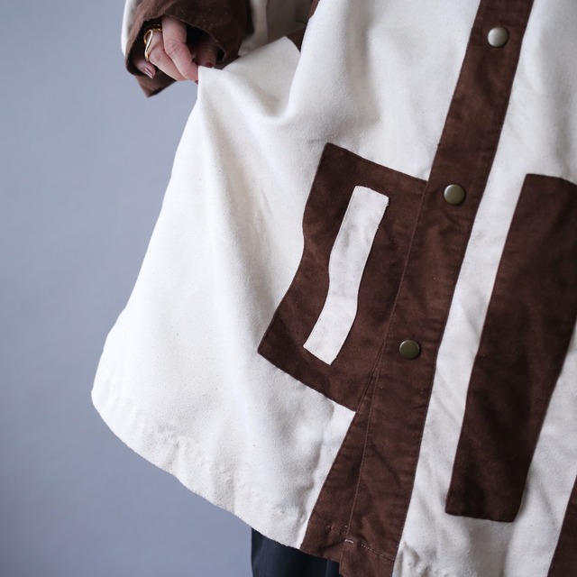 geometry patch and switching pattern over silhouette fake suede shirt